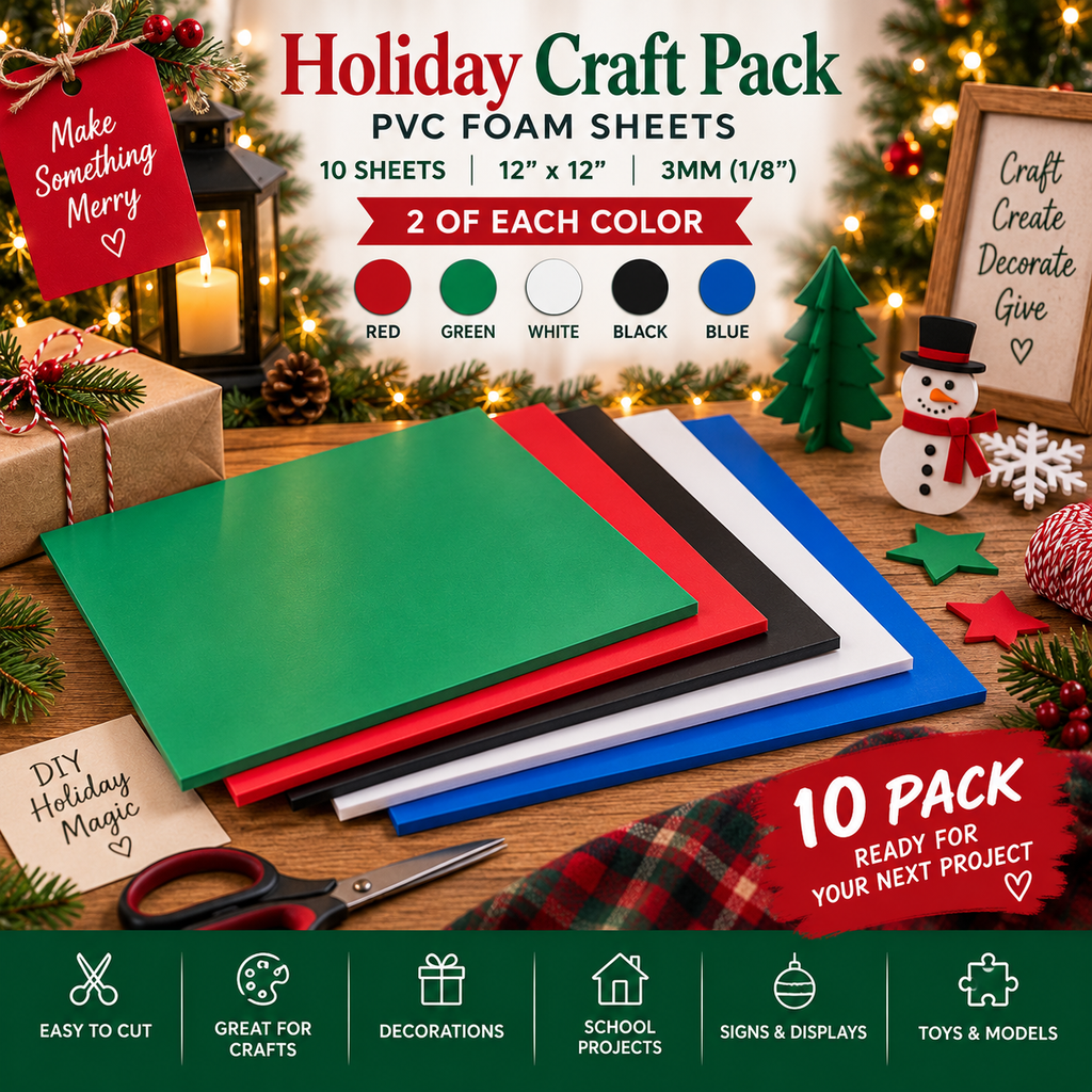 Holiday Craft PVC Foam Sheets 10 Pack | 12x12 3mm 1/8" | Red Green White Black Blue | Christmas Crafts & DIY