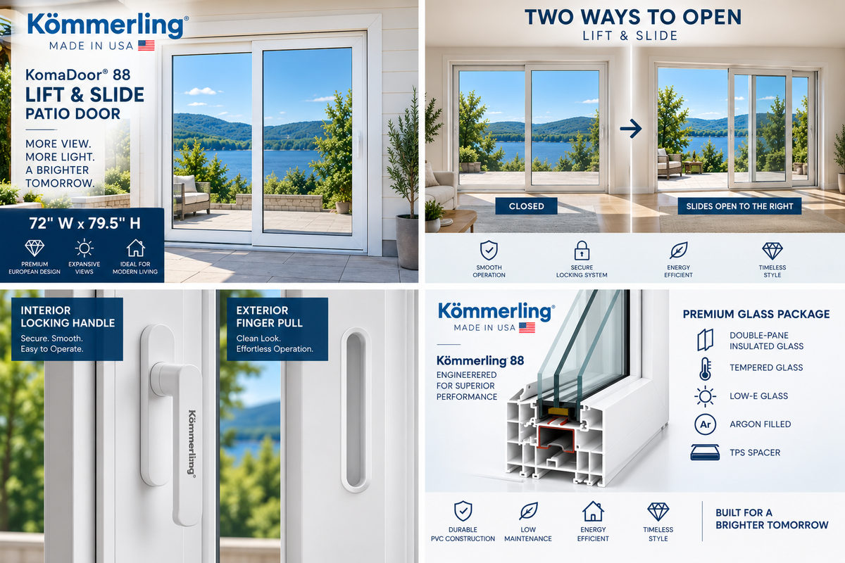 Lift and Slide Patio Door | Kömmerling 88 PVC Sliding Door | 72" x 79.5" | Double Pane Tempered Glass | Made in USA