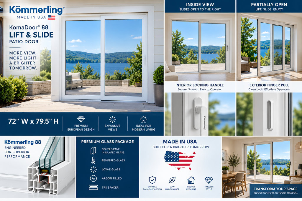 Lift and Slide Patio Door | Kömmerling 88 PVC Sliding Door | 72" x 79.5" | Double Pane Tempered Glass | Made in USA