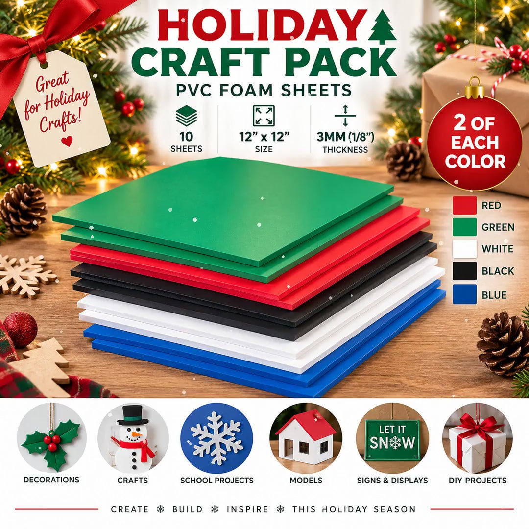 Holiday Craft PVC Foam Sheets 10 Pack | 12x12 3mm 1/8" | Red Green White Black Blue | Christmas Crafts & DIY